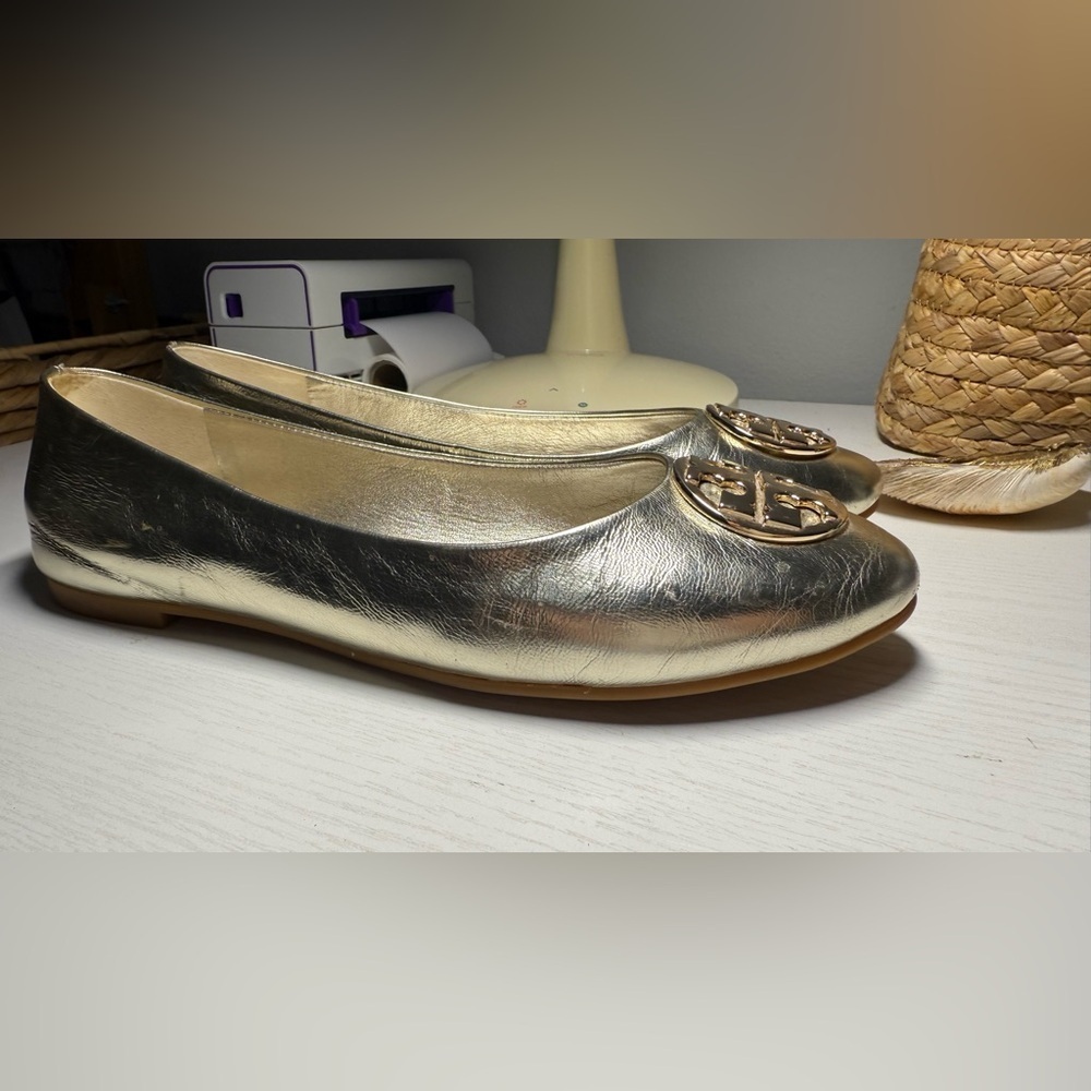 Tory Burch Metallic Gold Flats with gold logo - Picture 5 of 7